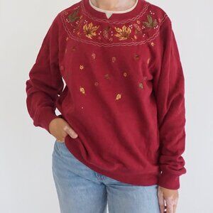 C&K Designs Red Fall Leaf Embroidered Sweatshirt Acorn Leaves Autumn Floral L